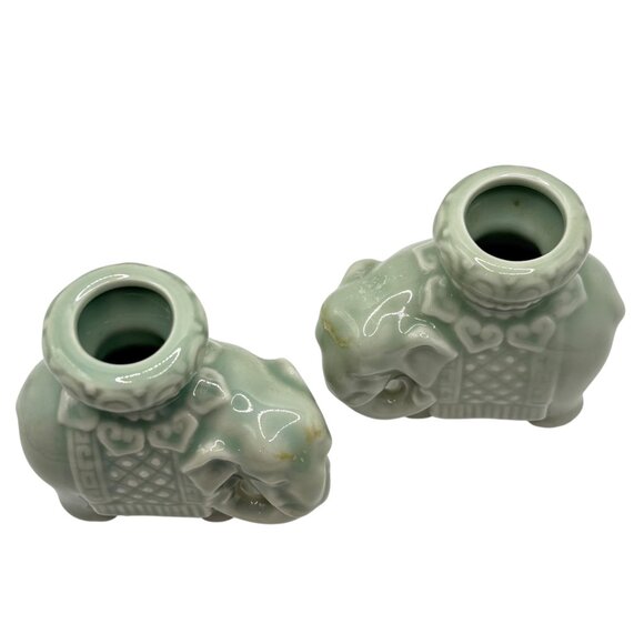 Celadon Green Ceramic Elephant-Shaped Candle Holders Pair Vintage China - Picture 3 of 6